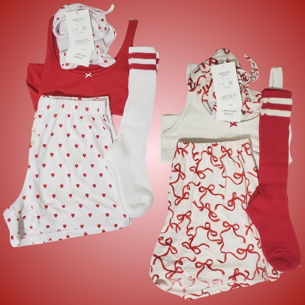 2 American Eagle Pajama Sets Tank, Shorts & Socks Gift Sets Medium Red Bundle ❤